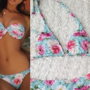 Peony floral teal pink white triangle Bikini Top.